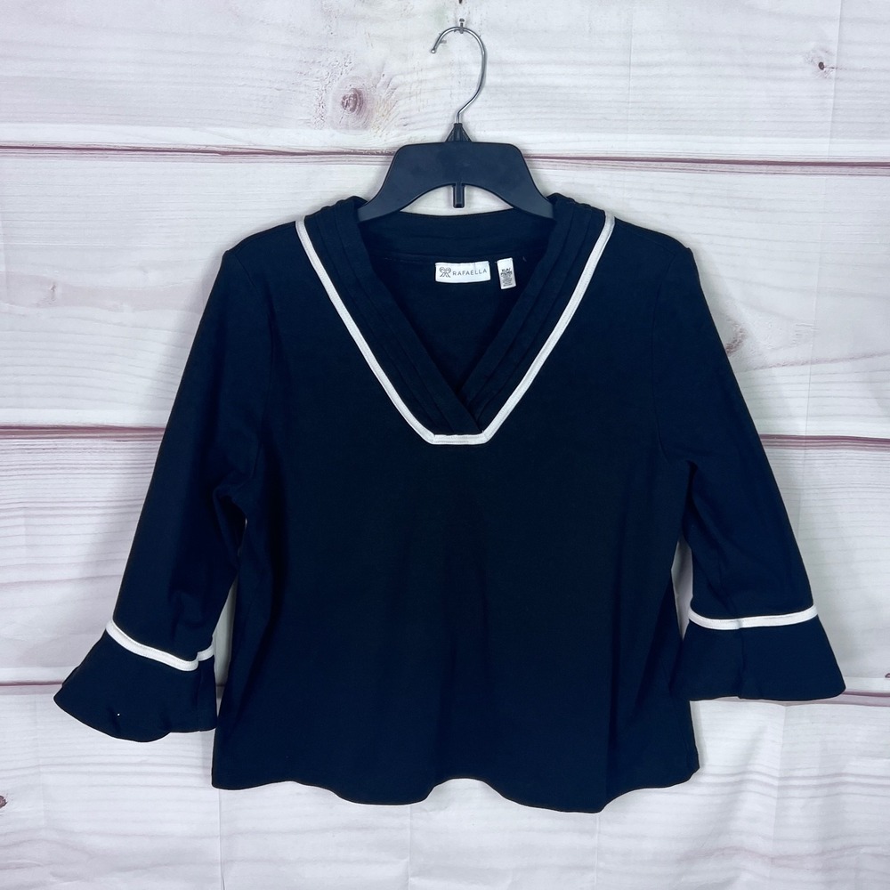 Rafaella Top Womens PXL Black V-Neck T-Shirt Flare 3/4 Sleeve Cotton Solid Knit